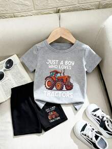 SHEIN 2件套婴幼儿男女通用0-3岁卡通汽车印花短袖上衣和短裤套装，舒适休闲日常基础款服装，适合室内、室外、日常、运动、玩耍、聚会、拍照、度假等各种场合，休闲套装 - 彩色 - 查看 5