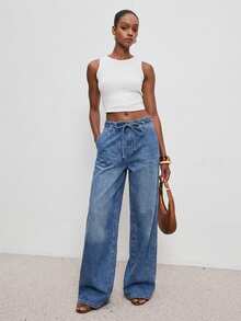 ATUI Studio 女士休闲日常水洗弹力腰宽松牛仔裤 - 藍色 - 查看 1