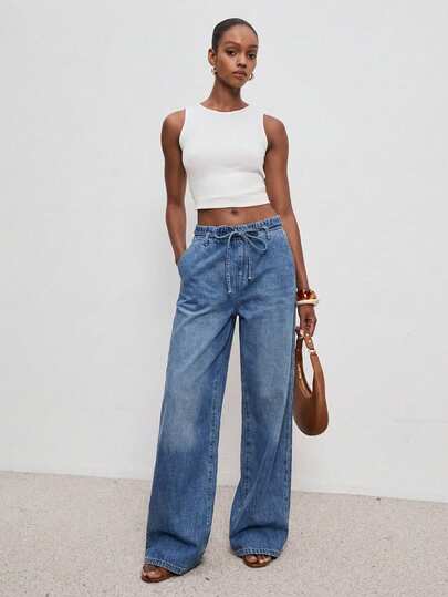 ATUI Studio 女士休闲日常水洗弹力腰宽松牛仔裤