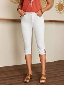 SHEIN LUNE Jeans Capri Casuales Versátiles de unicolor Ajustados para Mujer - Blanco - Ver 5
