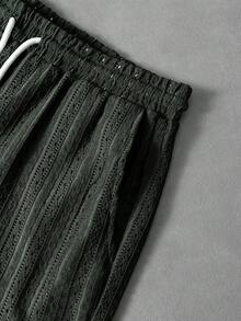 PAVTROS 2 pezzi/set Camicia con bottoni e pantaloncini tinta unita da uomo, abbigliamento casual da marito per vacanze, adatto per vacanze, spiaggia, tempo libero quotidiano, set casual a maglia estivo da uomo in due pezzi, set casual da resort in lino da uomo, completo da passeggio in lino da uomo per vacanze - Verde militare - Visualizzare 7