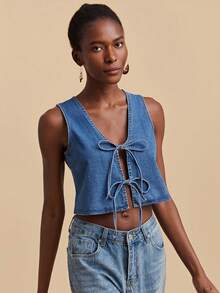 Travachic Women's V-Neck Front Tie Fashionable Denim Vest - Medium Wash - View 1