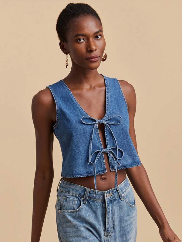 Travachic Women's V-Neck Front Tie Fashionable Denim Vest