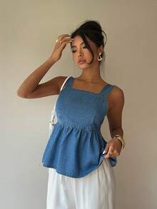 Siren Gaze 女士Y2K露背荷叶边下摆粗肩带牛仔短款上衣 - 中等水洗藍 - 查看 6