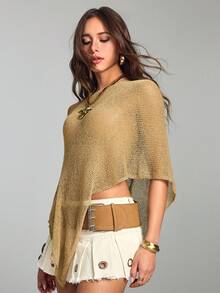 ROMWE Hippie Spring/Summer Loose Hollow-Out Knit Sweater For Women - Khaki - View 3