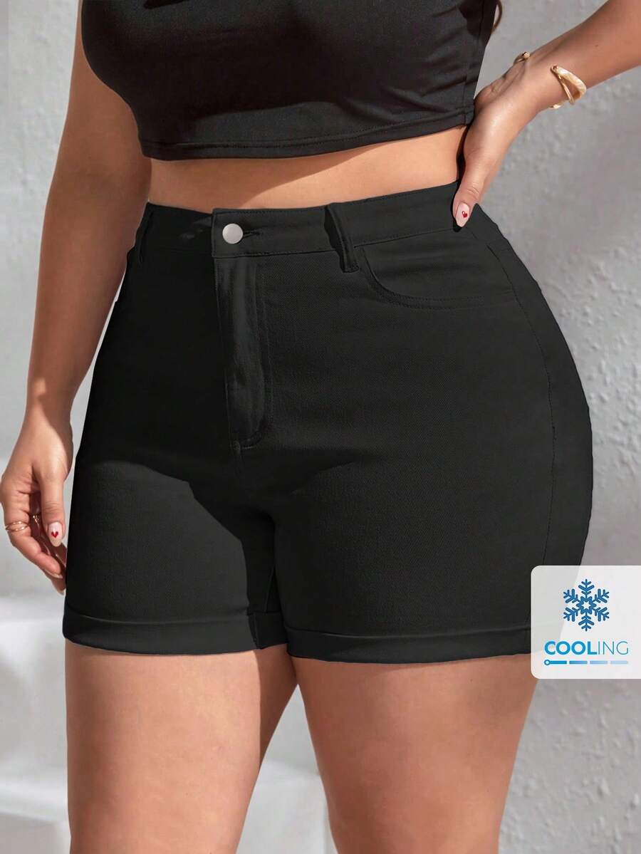 SHEIN Frenchy 大码女式口袋紧身休闲百搭牛仔短裤 - 黑色 - 查看 1