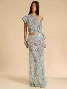 SHEIN BAE 彩色蕾丝透视不对称肩部上衣，优雅夏季上衣，适合夜店、外出、海滩、工作/办公室、商务休闲等场合。 - 綠色 - 查看 5