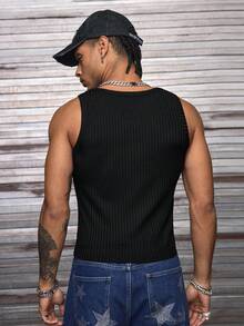 AXEPEAK Camiseta de tirantes ajustada con cuello redondo y adornos de diamante de imitación para hombre - Negro - Ver 2