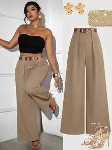 SHEIN Tall CURVE Quần ống đứng xếp ly tối giản dành cho nữ, cỡ lớn (TALL), thích hợp đi làm. - Màu Khaki - Xem 1