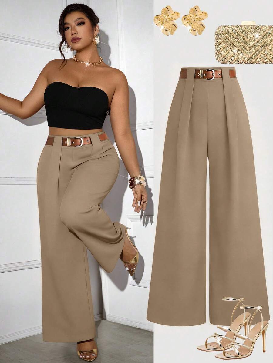 SHEIN Tall CURVE Quần ống đứng xếp ly tối giản dành cho nữ, cỡ lớn (TALL), thích hợp đi làm. - Màu Khaki - Xem 1