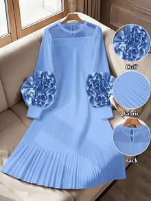 GlowEve CURVE 加大码黑色3D立体花卉褶皱长袖连衣裙 - 藍色 - 查看 1