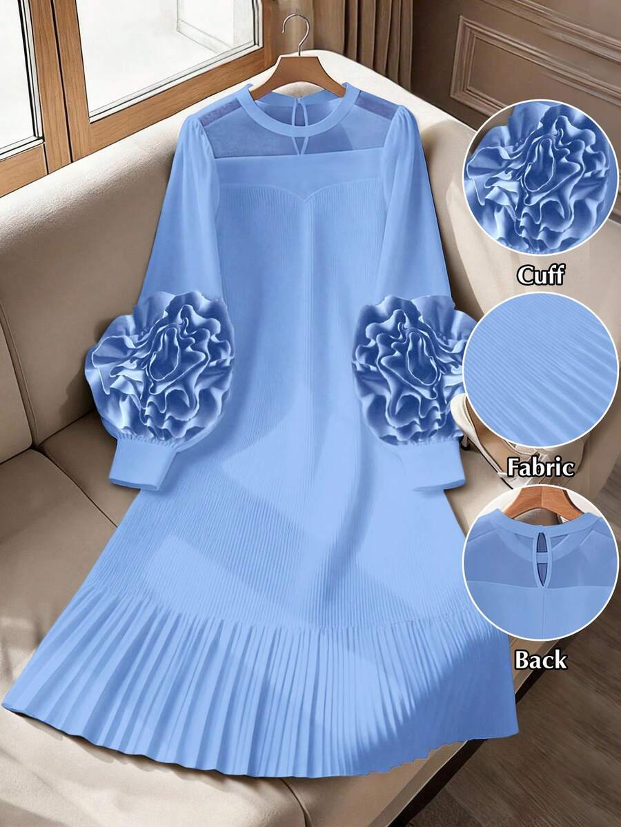 GlowEve CURVE 加大码黑色3D立体花卉褶皱长袖连衣裙 - 藍色 - 查看 1