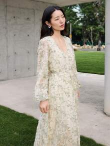 DAZY 春夏休闲修身度假风欧根纱亮片优雅新年圣诞婚礼派对宴会舞会礼服，V领印花网纱拼接长款连衣裙 - 薄荷綠 - 查看 15