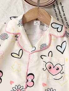 SHEIN Bộ đồ mặc nhà 2 món cho bé gái, gồm áo khoác và quần đan họa tiết trái tim và hoa. - Màu be - Xem 5