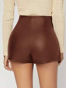 SHEIN SXY 春夏双层下摆PU皮黑色紧身裙裤 - 棕色 - 查看 2