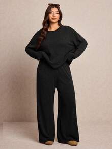 Elaquor Plus Size Women 2 Pieces Set, Solid Color Batwing Sleeve Top And Pants - Black - View 6