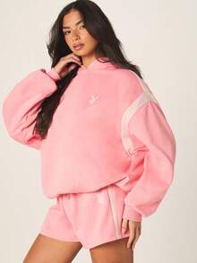 Missguided x Playboy Women's Contrast Stripe Detail Hoodie With Drawstring Hood Casual Oversized Pullover Sweatshirt For Spring Fall Winter Layering - Pink - View 1