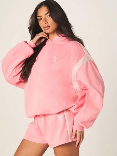 Missguided x Playboy Women's Contrast Stripe Detail Hoodie With Drawstring Hood Casual Oversized Pullover Sweatshirt For Spring Fall Winter Layering