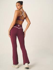 Missguided x Playboy Burgundy Racerback Sports Bra And High Waisted Flare Leg Leggings Set With White Contrast Trim - Burgundy - View 2
