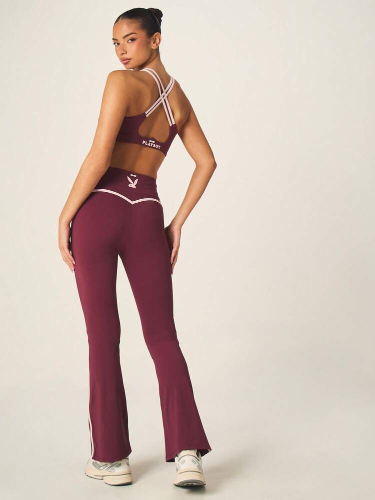 Missguided x Playboy Burgundy Racerback Sports Bra And High Waisted Flare Leg Leggings Set With White Contrast Trim