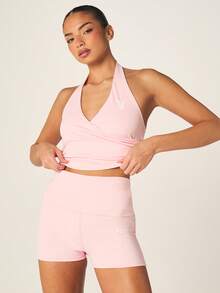 Missguided x Playboy 褶皱露背运动背心，V领裹身式设计，适合健身训练和休闲运动穿着。 - 粉色 - 查看 5