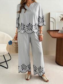 Ceyna Bộ đồ hai mảnh phong cách Boho nữ màu xanh trắng kẻ sọc, họa tiết lượn sóng, áo sơ mi cổ chữ V và quần dài. - Xanh và trắng - Xem 5