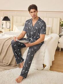 SHEIN Striped Heart Print Button Up Cardigan Casual Loungewear Pajama Set For Men - Black - View 3