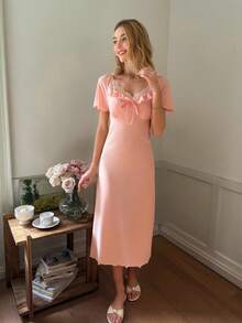 SHEIN Women's V-Neck Short Sleeve Contrast Lace Bow Nightgown - Coral Pink - View 4