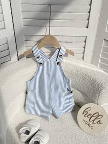 Newborn Baby Boy Cute Vacation Casual Versatile Striped Bib Romper - Blue - View 3