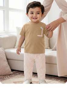 男婴可爱休闲针织拼接短袖T恤和条纹松紧腰短裤套装 - 卡其色 - 查看 12