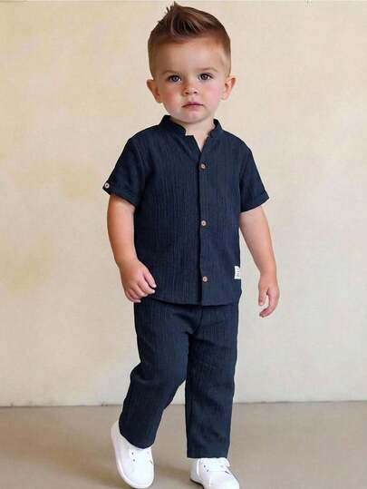 2-Pack Young Boys Boys Casual Sports College Vacation With Textured Fabric Stand-Up Collar Shirt And Trousers Suitable For Kids Outfits Young Boy Clothes Back To School Boys Set Suitable For Birthday Parties, Evening Parties, Performances, Weddings, Baptisms, Opening Ceremonies Daily Suitable For Daily Use Suitable For School Suitable For Travel Suitable For Sports Suitable For Spring And Summer Seasons