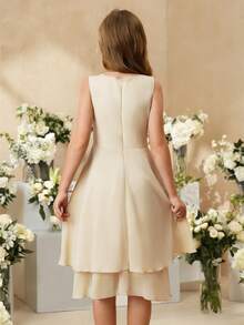 SHEIN 女童可爱优雅浅紫色无袖中长连衣裙，适合派对、假日、正式场合、婚礼、生日、演出及其他活动 - 杏色 - 查看 2