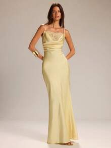 SHEIN BAE Spring/Summer Solid Yellow Satin Lace Slip Dress, Elegant Mermaid Silhouette Solid Yellow Dress Wedding Guest Dress Date Night Dress Everyday Wear Dress Graceful Dress - Yellow - View 4