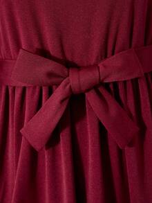 SHEIN Vestido de manga larga con volantes y cinturón para niña preadolescente, de cuello redondo, estilo vintage y elegante, con puños con cuentas, adecuado para uso casual en primavera y otoño - Burdeos - Ver 7