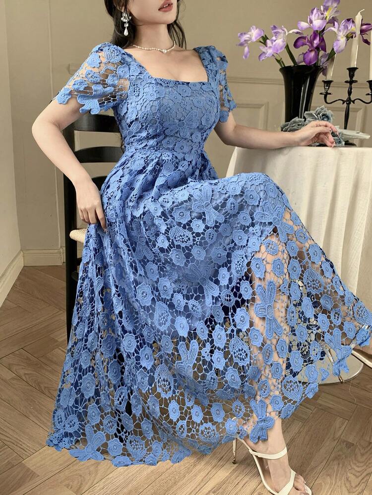 Hollow-Out Lace Short Sleeve High Waist French Style Women Long Dress,Wedding Guest Dress Women Sundress Cocktail Dress