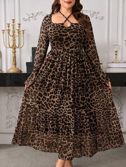 Modelyn 大码女式优雅休闲交叉系带A字荷叶边长袖莲花袖连衣裙，春夏款