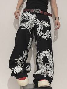 Manfinity EMRG Quần jeans nam ống rộng dáng suông họa tiết rồng Trung Quốc có túi, kiểu dáng thường ngày. - màu đen - Xem 7