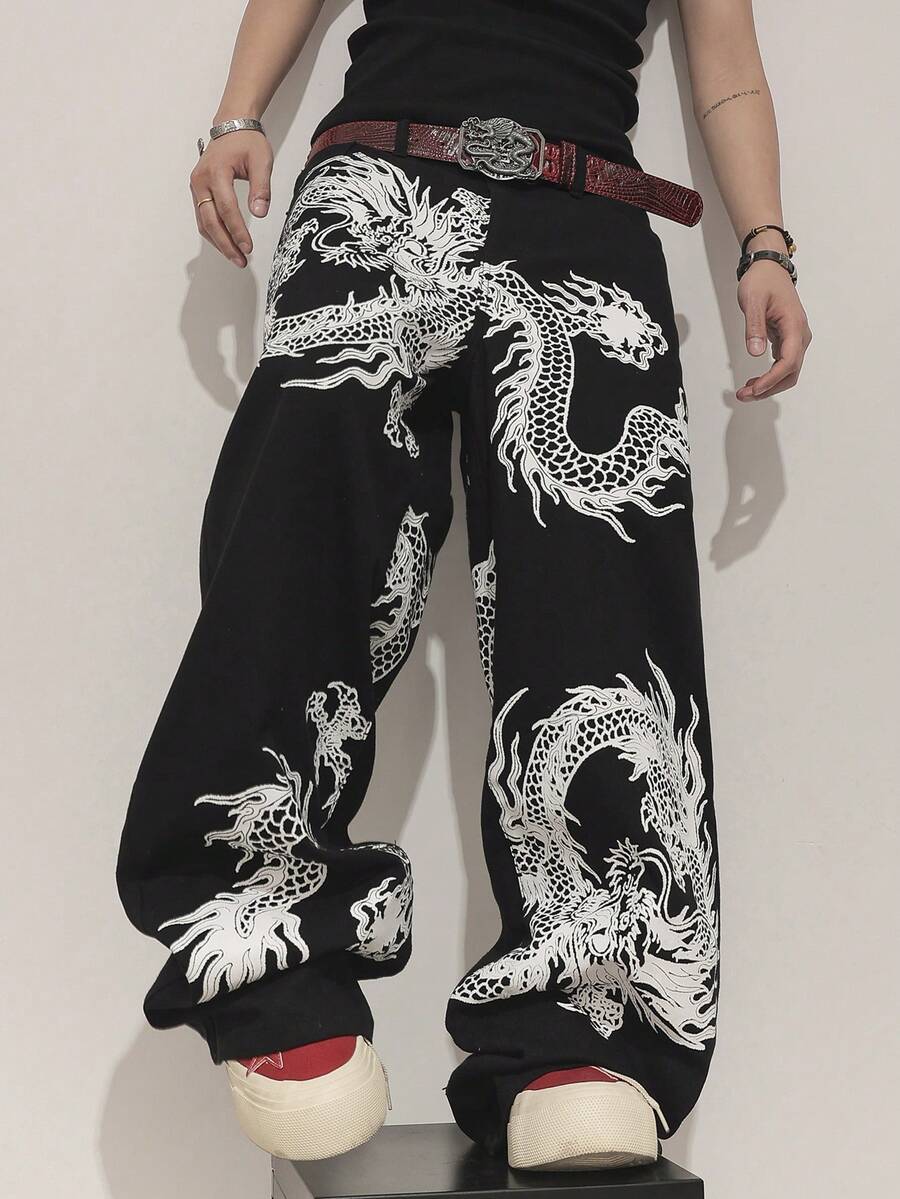 Manfinity EMRG 男士中国龙图案口袋阔腿宽松休闲牛仔裤 - 黑色 - 查看 1