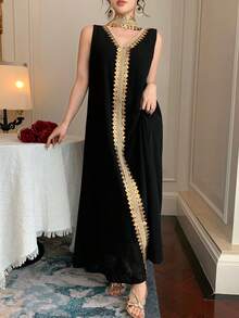 DAZY 2pcs Women's Middle Eastern Dubai Arabic Style Dress With Ribbon Trim - Black - View 8