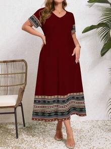 EMERY ROSE Gaun Maxi Lengan Pendek Leher V Kasual Ukuran Plus Motif Bunga Bohemian untuk Wanita, Cocok untuk Liburan Musim Semi/Panas dan Karnaval - MultiWarna - View 6