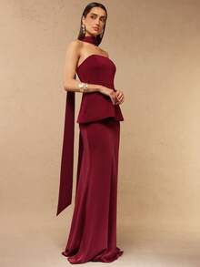 Silquee 两件套浪漫纯色红色、酒红色、亮红色短款吊带连衣裙，搭配荷叶边迷你裙，鱼尾裙摆设计，适合外出、毕业典礼、音乐会、伴娘礼服、婚礼及其他浪漫场合，简约风格，优雅日常穿着，伴娘礼服，晚宴、俱乐部、正式派对、浪漫约会装扮 - 酒紅色 - 查看 1