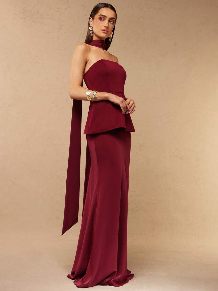 Silquee 两件套浪漫纯色红色、酒红色、亮红色短款吊带连衣裙，搭配荷叶边迷你裙，鱼尾裙摆设计，适合外出、毕业典礼、音乐会、伴娘礼服、婚礼及其他浪漫场合，简约风格，优雅日常穿着，伴娘礼服，晚宴、俱乐部、正式派对、浪漫约会装扮 - 酒紅色 - 查看 1