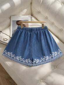 GlowEve Embroidered Drawstring Waist Casual Denim Shorts, Spring/Summer - Blue - View 2