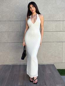 Hitanina 春夏新款浪漫 V 领纹理紧腰修身长裙，优雅约会之夜造型 - 杏色 - 查看 5