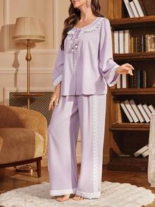 SHEIN 宫廷风刺绣滚边系带宽松长袖睡衣套装（女款） - 淡紫色 - 查看 5