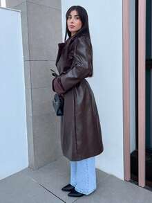 Hitanina Women's Fluffy Panel Front Button Closure Long Sleeve Casual PU Leather Trench Coat Fall Winter Cloth For Women - Brown - View 6