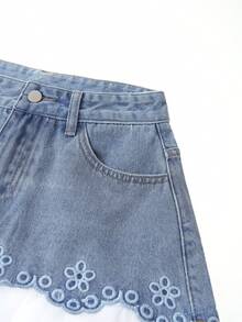 GlowEve 女士刺绣撞色褶裥口袋休闲牛仔裙 - 藍色 - 查看 3