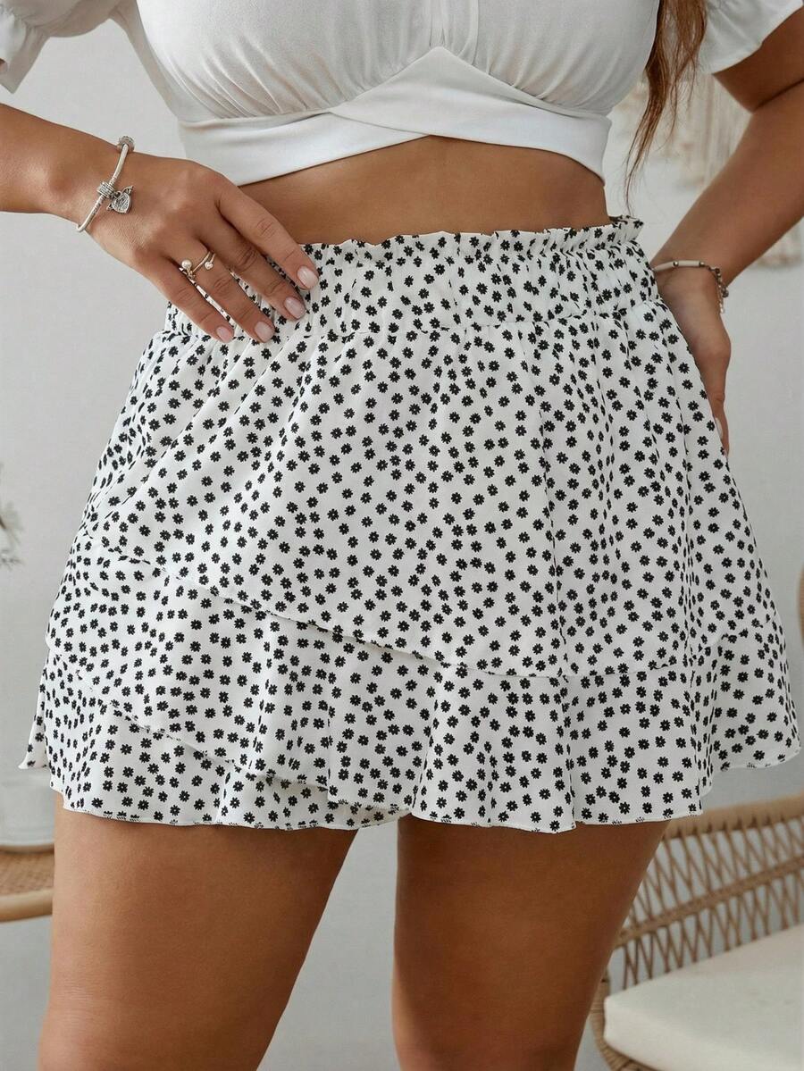 SHEIN VCAY Große Größen Ditsy Blumen Muster Papiertragetasche Taille Skort Frühling Shorts - Weiss - Übersicht 1