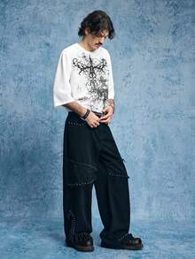 ROMWE MEN Street Life 男士休闲宽松圆领七分袖T恤，深色翅膀十字印花 - 黑與白 - 查看 4