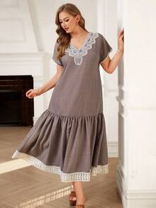 EMERY ROSE 大码优雅撞色蕾丝荷叶边连衣裙，夏季 - 灰色 - 查看 5